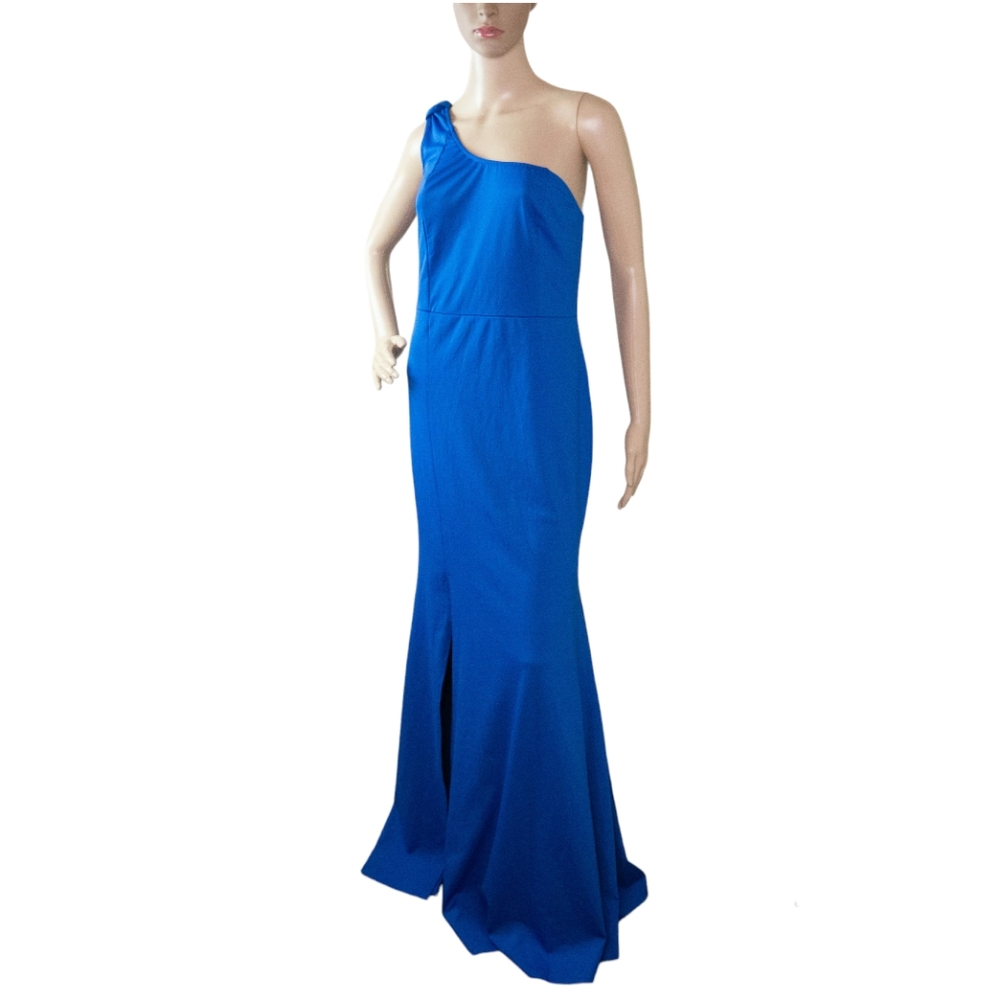 GSW One Shoulder Womens Large Blue Front Hem Split Formal Evening Max Dress NWOT